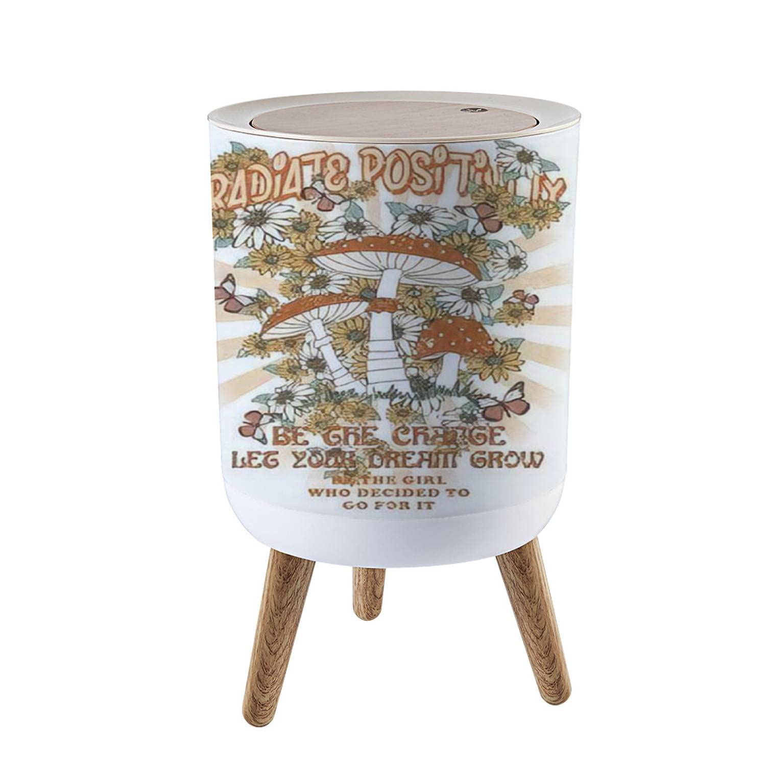 Amazon.com: Small Trash Can with Lid Radiate Positivity Mushroom Wild  Flowers Tshirt Graphics Design Garbage Bin Wood Waste Bin Press Cover Round  Wastebasket for Bathroom Bedroom Kitchen 7L/1.8 Gallon : Industrial &