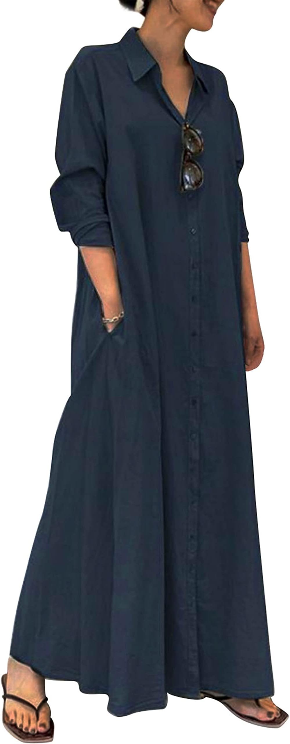 Womens Cotton Shirt Dress Long Sleeve Button Down Front Plus Size Poplin Maxi Shirts Dresses with Pockets, Popular Sea Blue, L