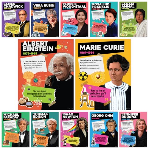 Decorably 12 Famous Scientists Posters for Classroom, 11x14in Educational Matte-Laminated for School...