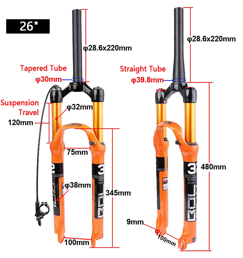 BOLANY Forcella Per Mountain Bike 26/27,5/29, Forcella Ammortizzata Per Mountain Bike, Forcella A Gas MTB, 120 Mm, Corsa A Molla Straight/Tapered Tube - Foto 2