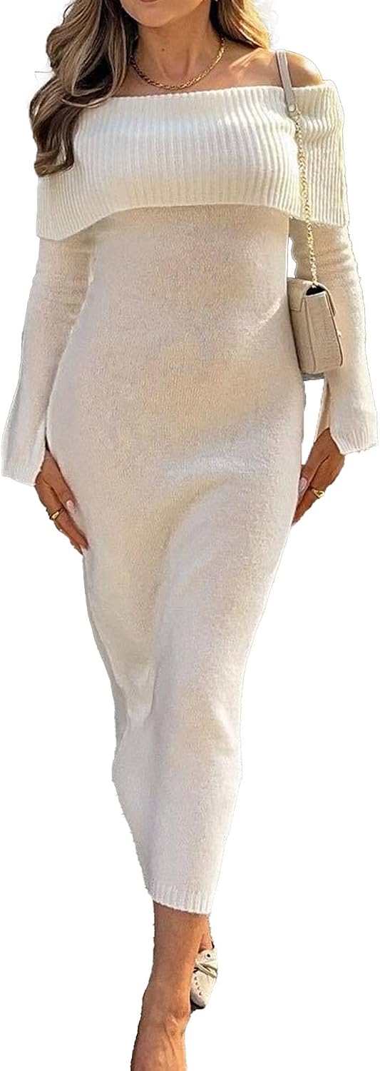 Women Ribbed Off Shoulder Maxi Dress Long Sleeve Knit Bodycon Long Dress Knitted Pullover Sweater Pencil Dress