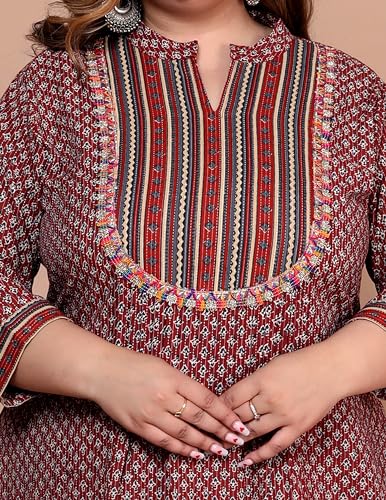 Image of Women's Plus Size Cotton Kantha Work Kurti Kurta - Beautiful Floral Print