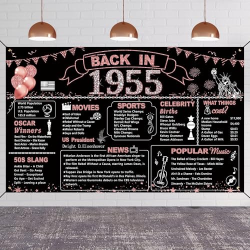 Image of DARUNAXY 71st Birthday Rose Gold Party Decoration, Back in 1955 Banner for Women 71 Years Old Birthday Background Vintage 1955 Poster Backdrop for Girls 71st Class Reunion Party Supplies