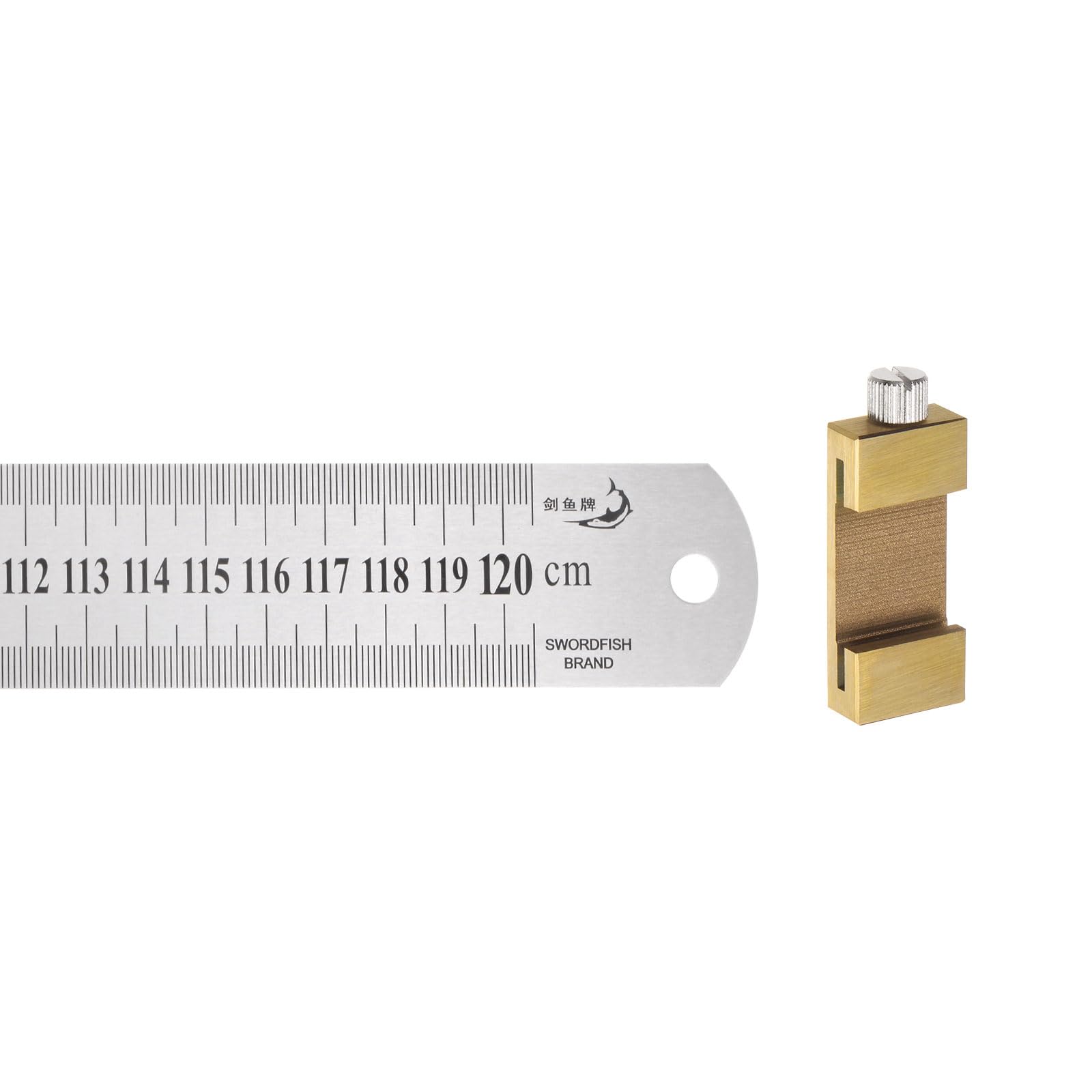 sourcing map 2 in 1 Stainless Steel Ruler with Scriber Block 120cm/48" Metric and Inch Metal Ruler with 40mm Length Brass Locating Vernier Slider for Woodworking DIY Measuring, Gold Tone