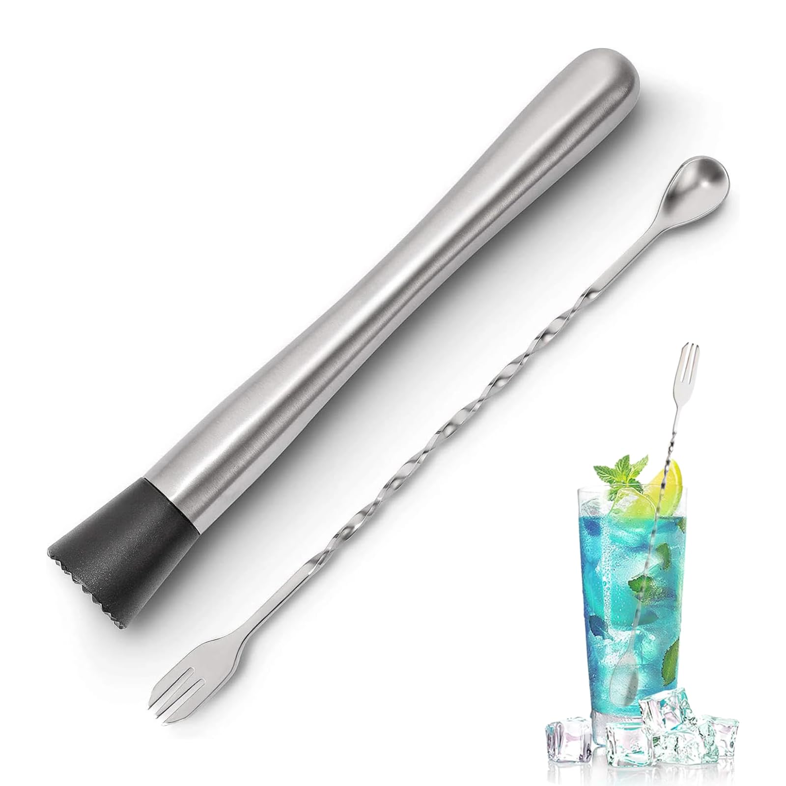 Stainless Steel Muddler Set,10 Inch Muddler and Bar Spoon,Cocktail Mixing Spoon Perfect for Diy Mojito,Other Fruit Based Drinks and Fruit Cocktail Stirrers