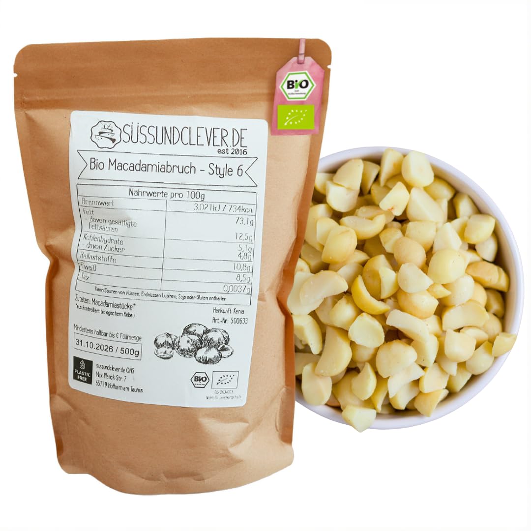 süssundclever.de® Bio Macadamiabruch | Macadamiakerne | 1,0 kg | Macadamia | Style 6 | plastikfrei und ökologisch-nachhaltig abgepackt