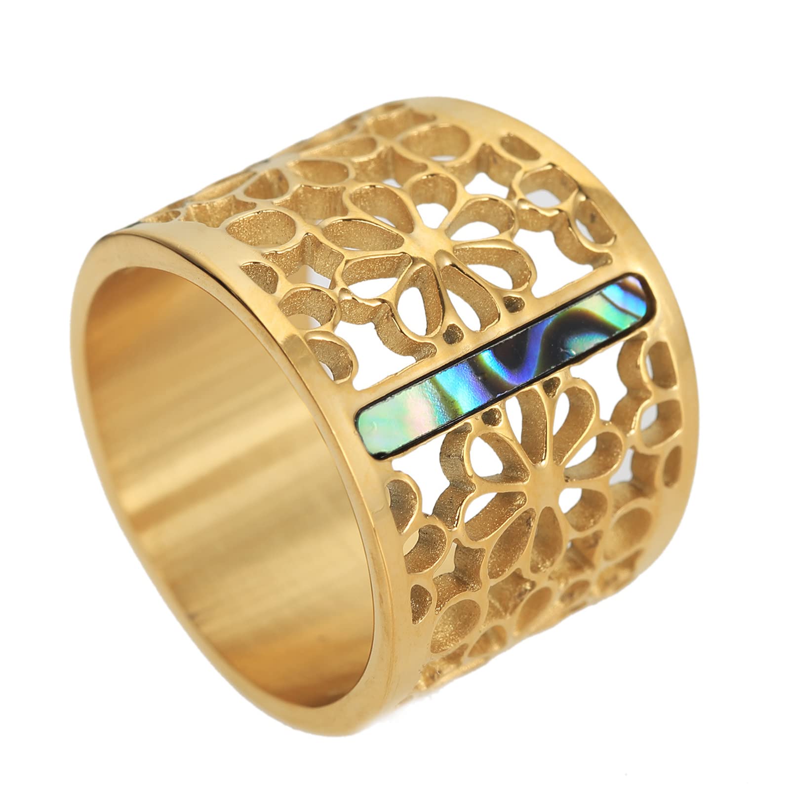 Bague en acier au titane femme anneau large motif fleur évidée taille 6-9#