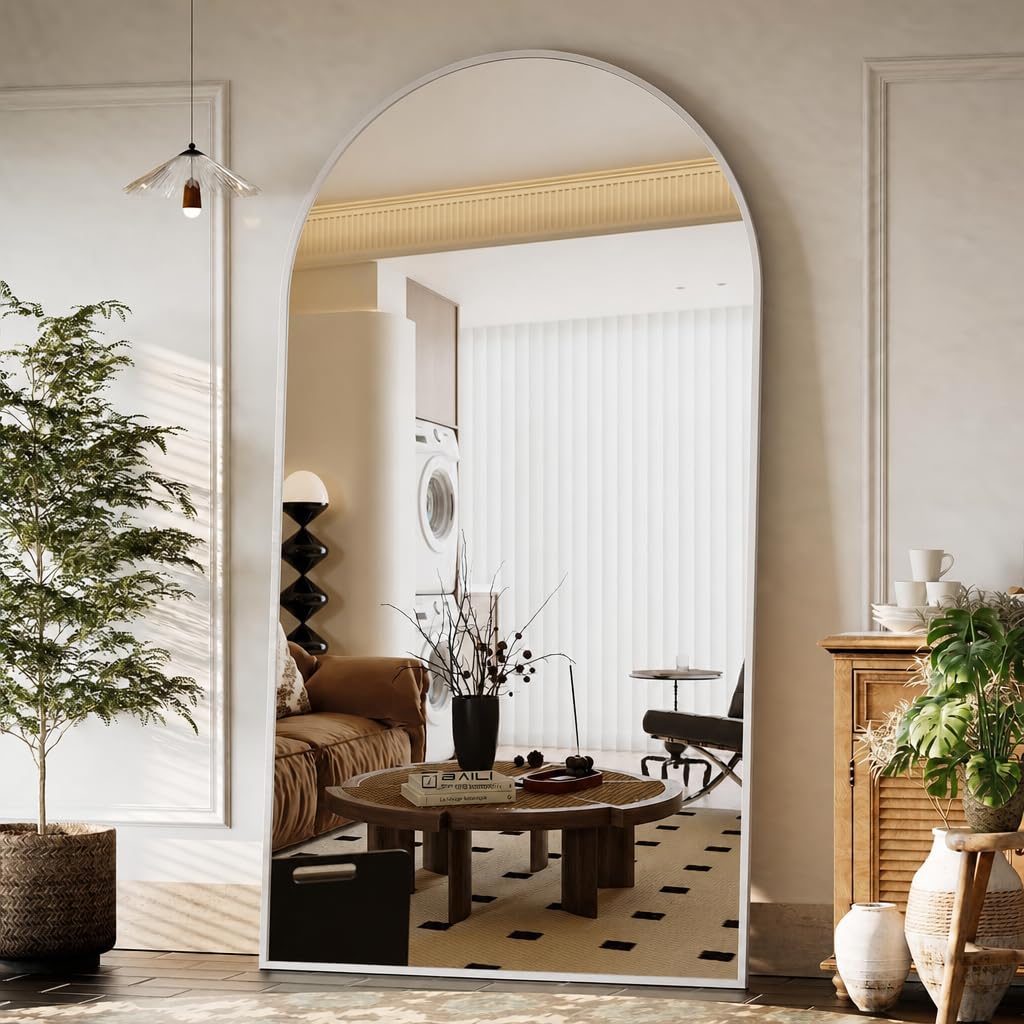 BEAUTYPEAK Arched Full Length Mirror 193x86 cm, Aluminum Frame, Standing Hanging or Leaning, Shatterproof, for Living Room Bedroom, Silver โ image 1