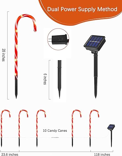 Miniatura 6 de Luces de bastón de caramelo de 28 pulgadas para caminos al aire libre, 10 paquetes de luces grandes de camino de bastón de caramelo con panel solar
