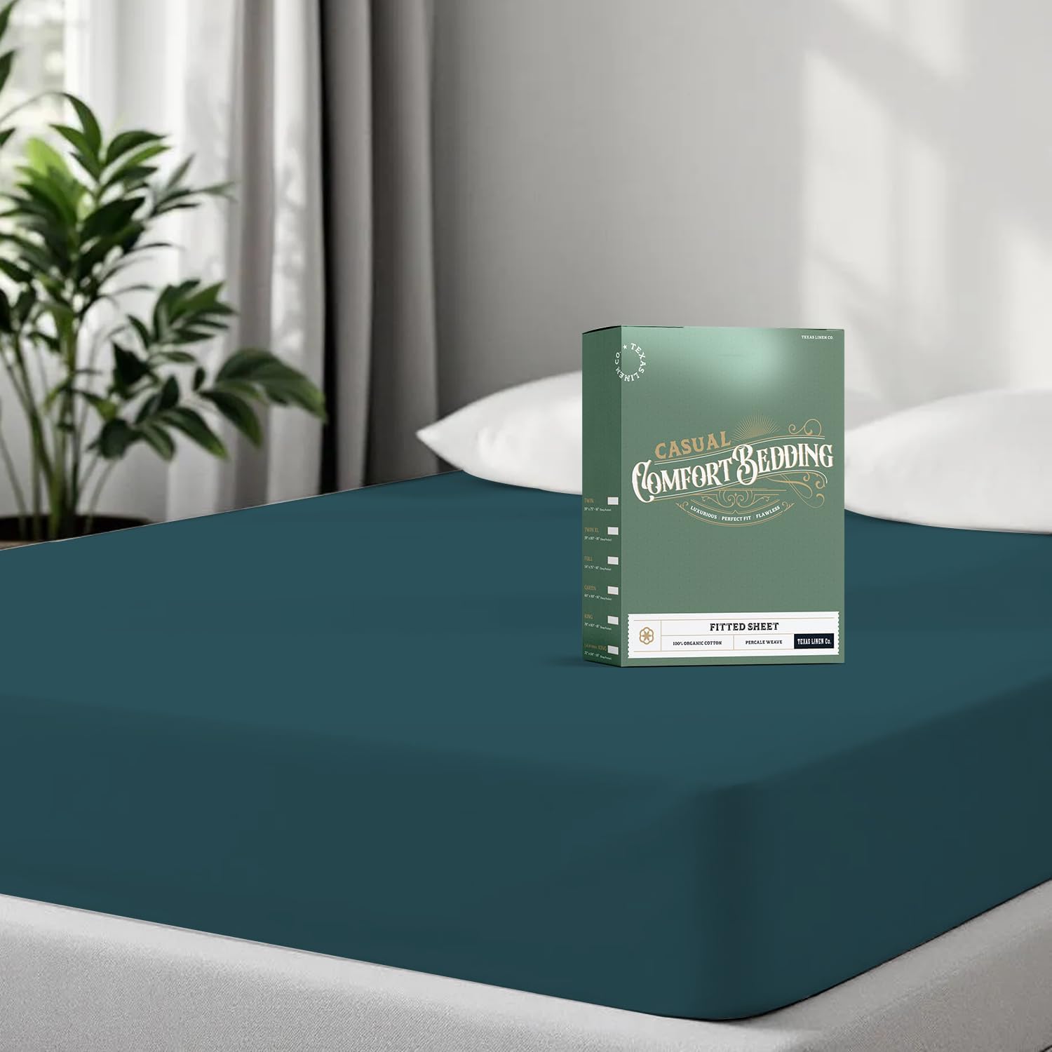 TEXAS LINEN CO. 100% Organic Cotton Percale Weave Fitted Sheet Queen Size, Teal, 1 Deep Pocket Queen Fitted Sheet, Fits Mattress Upto 16" Crisp and Cool Bed Linen, Luxury GOTS Certified Sheets