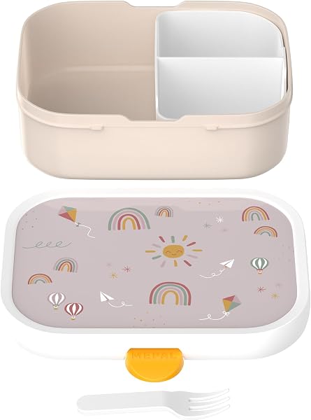 Mepal - Brotdose Kinder Campus - Bento Box Kinder - Brotdose mit Fächern & Gabel - Meal Prep Box mit Clip-Verschluss - BPA-frei & Spülmaschinenfest - 750 ml - Sunshine & Rainbow - 2
