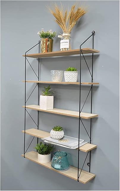 spot on dealz® 5 Tier Modern Black floating decorative hanging shelves with MDF Oak wood and metal wire frame bookshelves industrial wall mounted display shelving unit, Living Room furniture