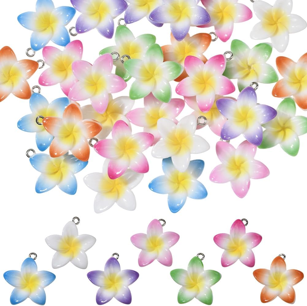 SUNNYCLUE 1 Box 28Pcs 7 Colors Lily Flower Charm Frangipani Flower Charms Resin Sea Beach Hawaiian Plumeria Rubra Floral Pendants for Jewelry Making Earrings Necklace Bracelet Keychain DIY Crafts