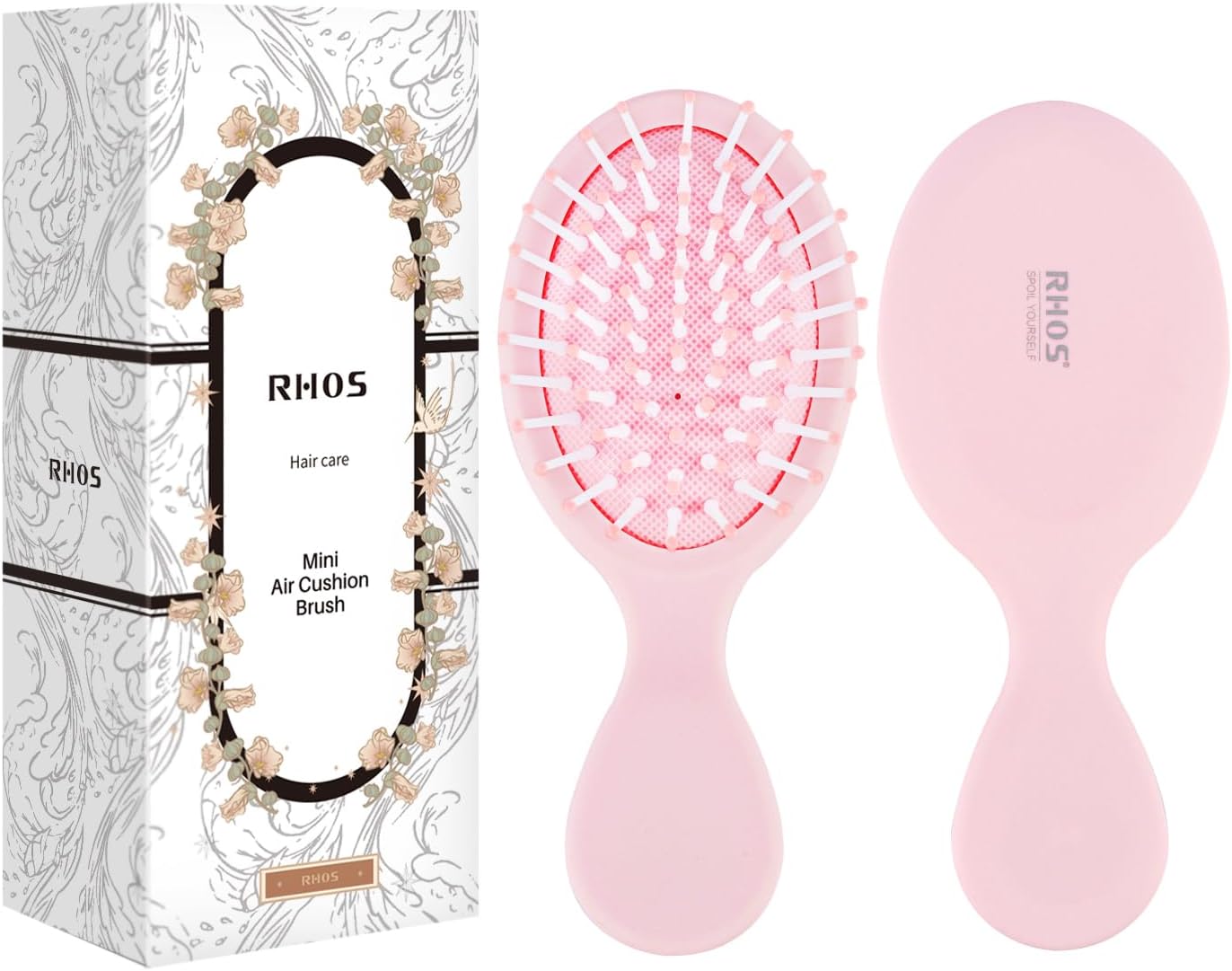 RHOS Mini Hair Brush for Women,Men and Kids-Travel Size Hair Brush for Purse,Pocket,backpack-Small Cushion Paddle Brush with Soft Bristles-Mini Detangler Brush for All Hair Types(1 Pack-Pink)