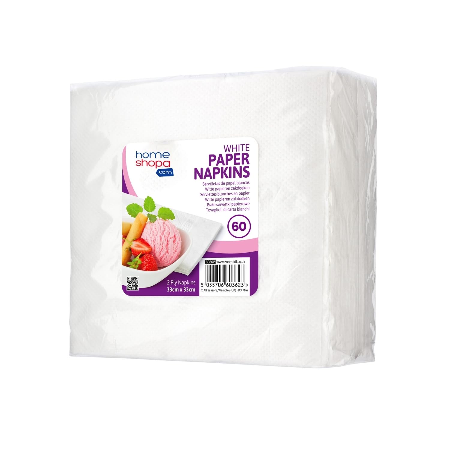 HOMESHOPA Disposable Paper Napkins, Pk 60, White 2-Ply 33X33cm Soft & Strong Paper Serviettes for All Occasions, Everyday Tissues for Cleaning Spills Wiping Surfaces Personal Hygiene โ image 1