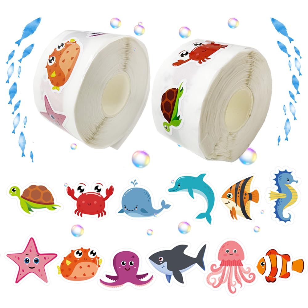 1200 PCS Ocean Animal Stickers Roll Sea Animal Stickers in Roll Cartoon Sea Life Stickers Sea Creature Labels for Ocean Theme Party Favors Classroom
