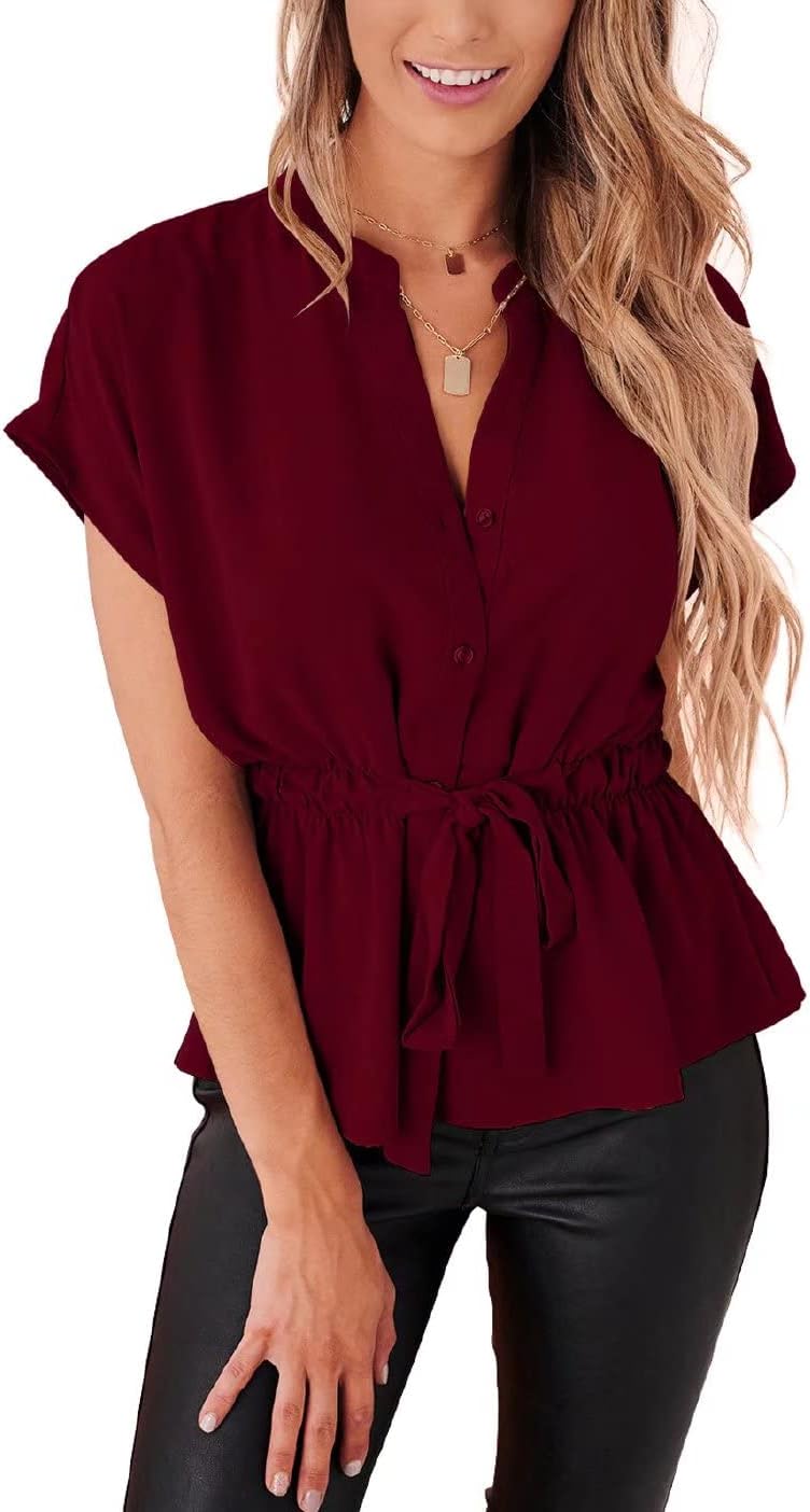 Womens Button Down Blouses Casual Peplum Summer Tops Dressy Chiffon Work Blouse