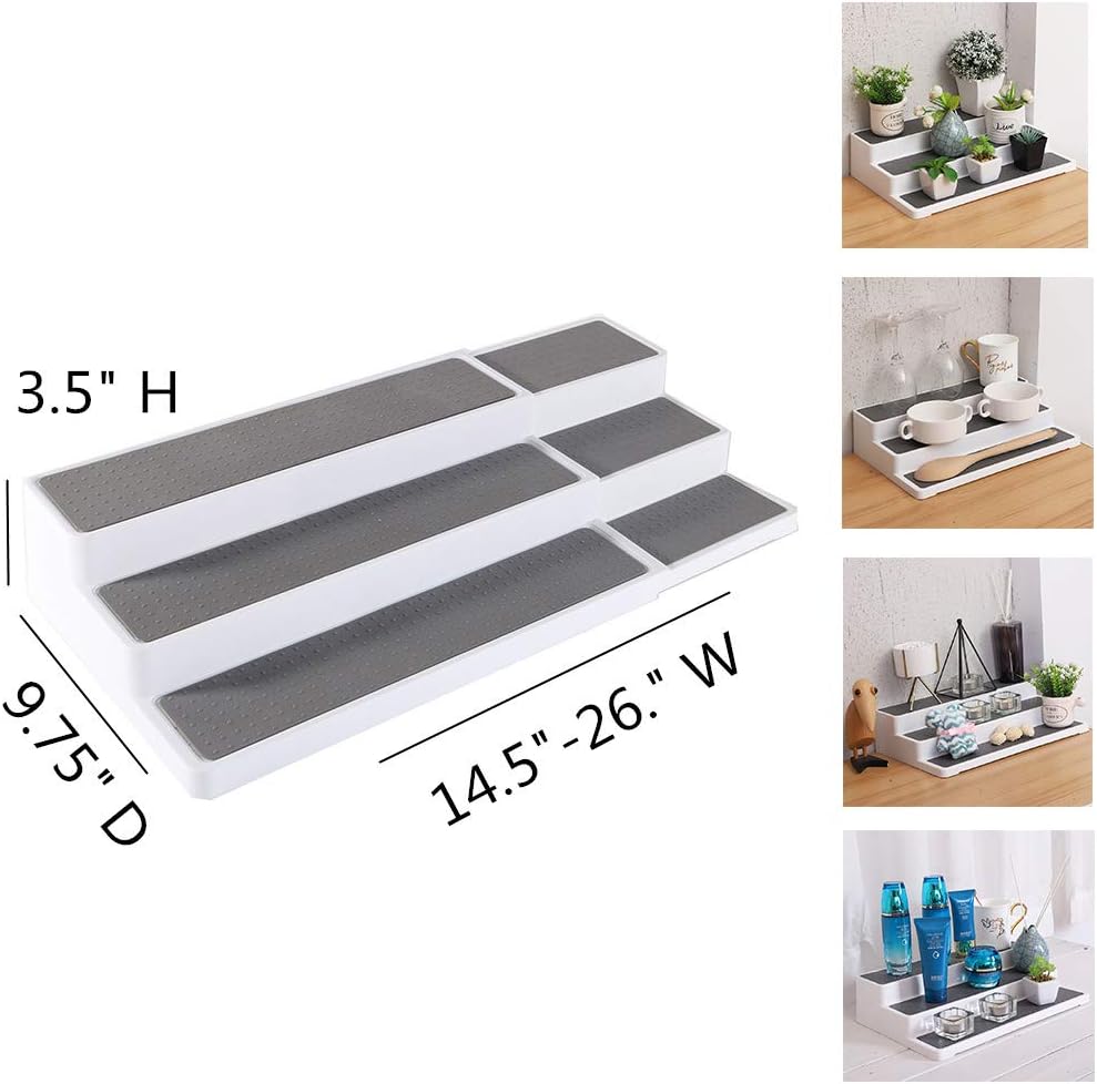 YCOCO 3-Tier Expandable Spice Rack Step Modern Design Waterproof and Non Skid Shelf Kitchen Organizer for Pantry Cabinet or Countertop Use