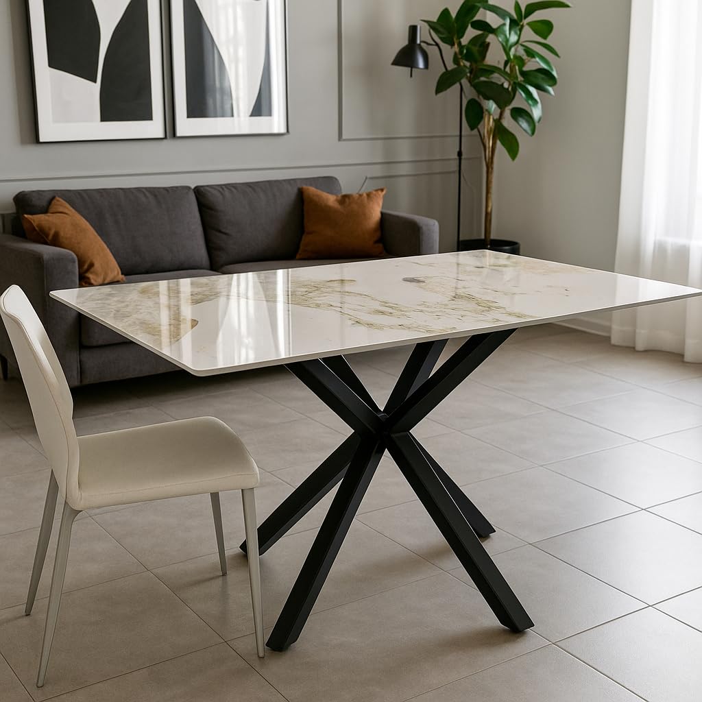 Tavolo da Pranzo in Ceramica Gres Porcellanato 150x90 cm – Piano Lucido Antigraffio Antimacchia – Gambe Incrociate Ferro Verniciato Nero – Finitura Pandora o Calacatta Bianco Marmo