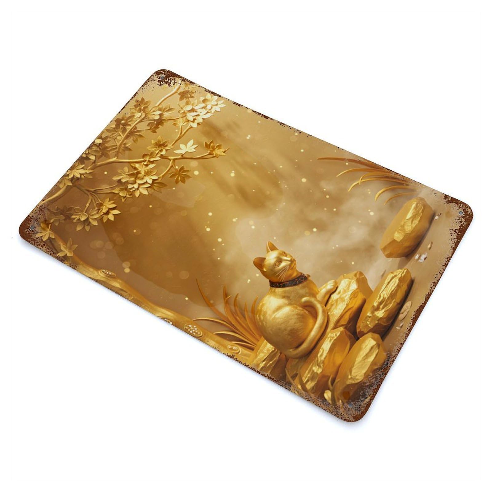 Garage Style Golden Cat Statue Under Golden Tree Rustic Tin Plaque 11.8"x7.9", Classic Wall Plaque for Bar And Workshop