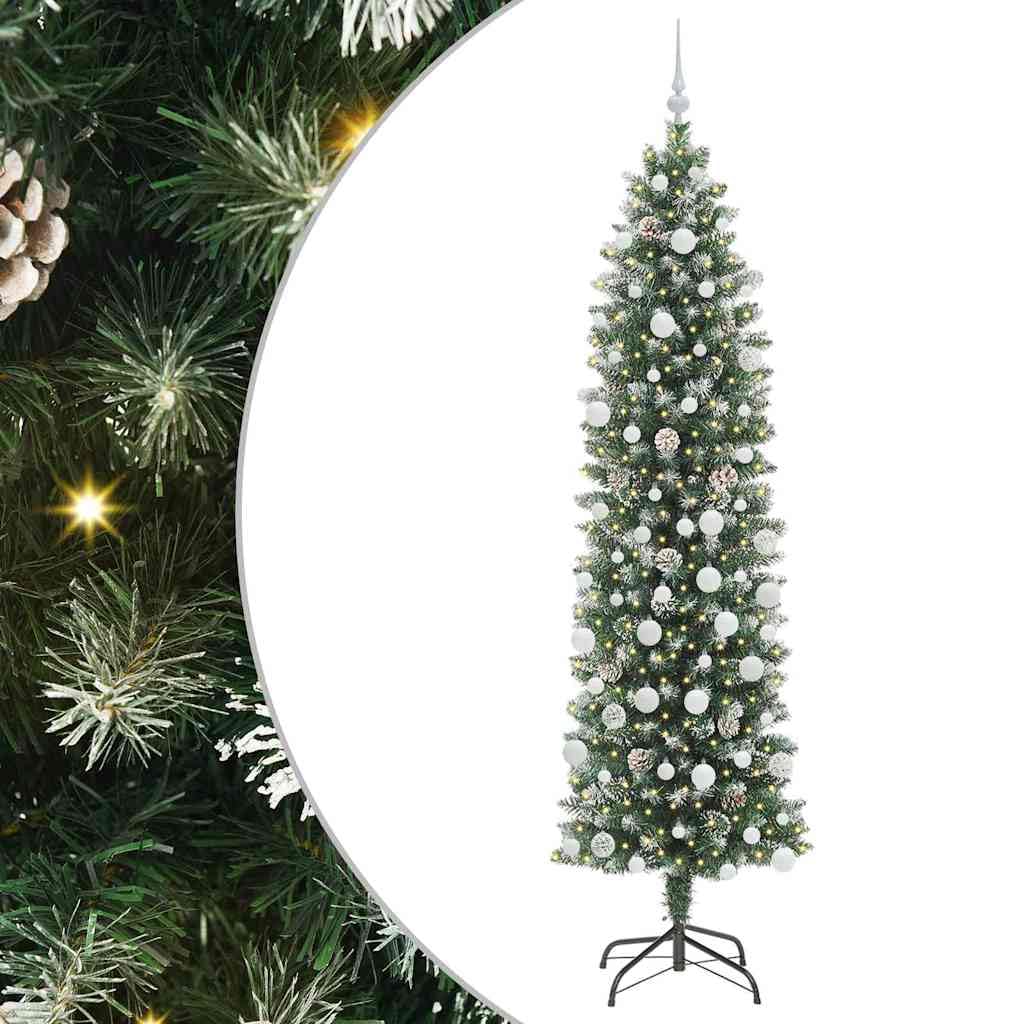 Árbol de Navidad artificial estrecho verde y blanco, 210 cm, con 450 puntas de PVC, 300 ledes blancos cálidos y 8 modos, ideal para interiores y habitaciones pequeñas