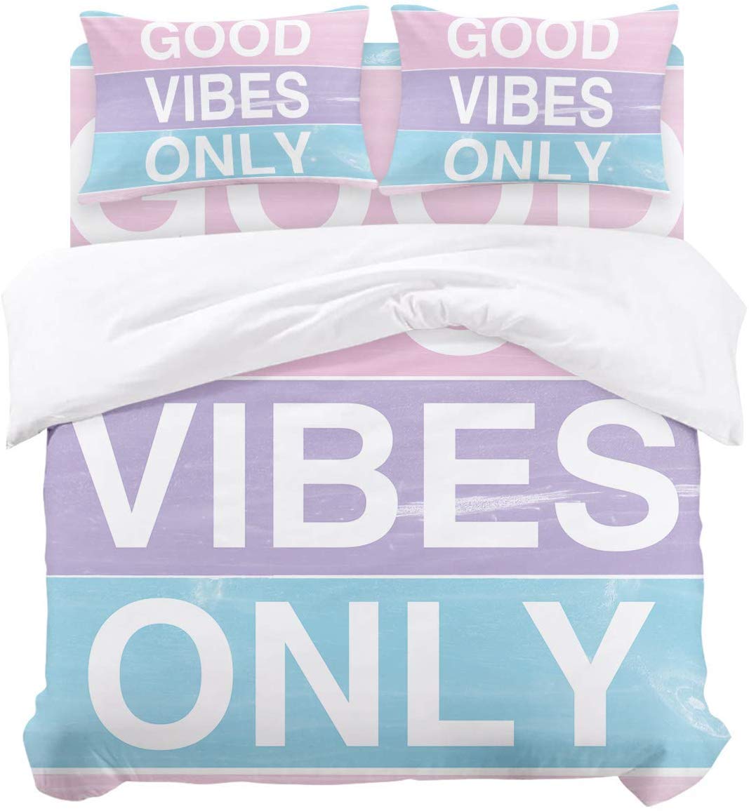 Bedding Duvet Cover Set Good Vibes Only Inspirational Quotes on Colorful Wooden Plank 1 Comforter Quilt Cover & 2 Pillow Shams Ultra Soft Microfiber Premium for Kid Boy Girl Women Men
