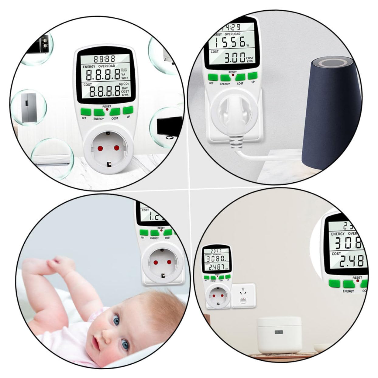Misuratore di Consumo Elettrica con Display Lcd Digitale Ac230v | Max 16a, 50hz, Abs Bianco, Consumo 0, 5w, Lettura Retroilluminata, Uso Semplice