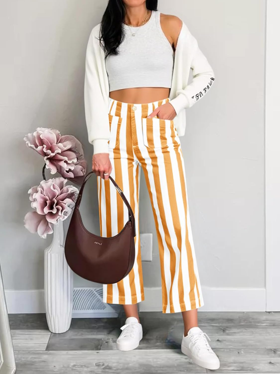 Tankaneo Womens Cropped Striped Jeans Casual High Waisted Stretchy Polka Dots Straight Leg Denim Pants with Pockets - Image 2