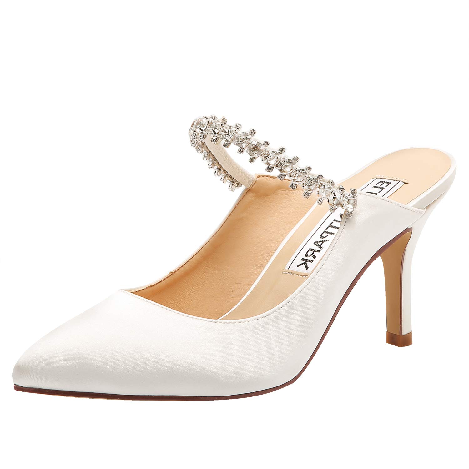 ELEGANTPARK HC1919 Heels for Women Pointed Toe Mules Shoes High Heel Pumps Rhinestones Satin Wedding Evening Dress Shoes