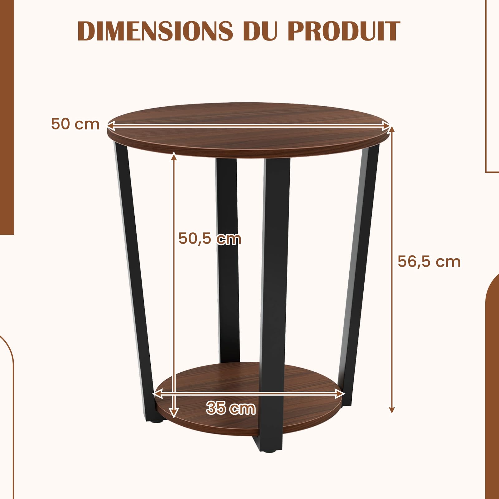 COSTWAY Table d'Appoint Ronde, Bout de Canapé 2 Niveaux en Bois, Cadre en Métal, Petite Table Basse pour Salon, Balcon, Chambre, Bureau, Industriel (Noyer)