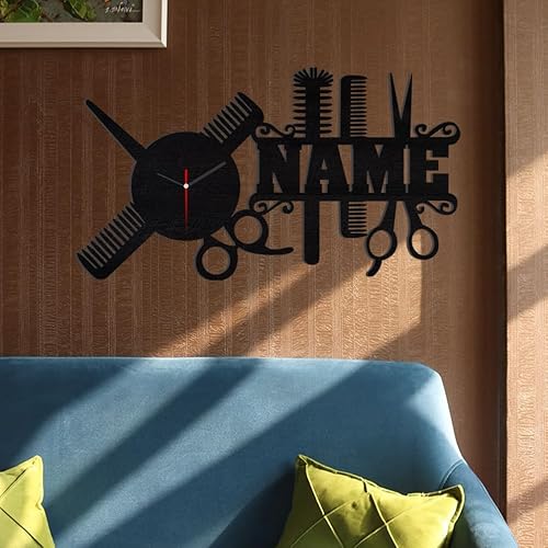 Miniatura 3 de WERWAES Reloj de pared para peluquero personalizado con nombre de 20 pulgadas, peine grande, decoración de peluquería, peine artístico, reloj de