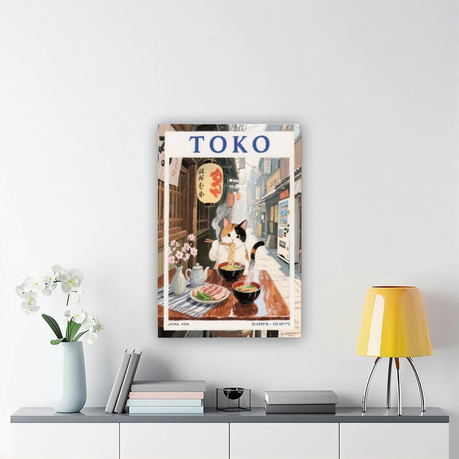 QIOTBVV Bedrucktes Poster mit Katze und Nudeln, Motiv: Tokio Straßenszene, Atmosphäre, Leinwand-Poster, Wandkunst, Dekor, Bild, Gemälde für Wohnzimmer, Schlafzimmer, Dekoration, 61 x 91,4 cm (L x B)