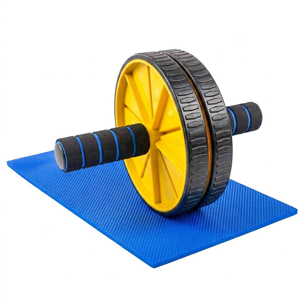 Double Wheel Ab Roller with Knee Mat | Ab Exercise Equipment with Steel Rod & Foam Handles | Core Strength Trainer for Home Gym Workout | Yellow & Blue-image-13