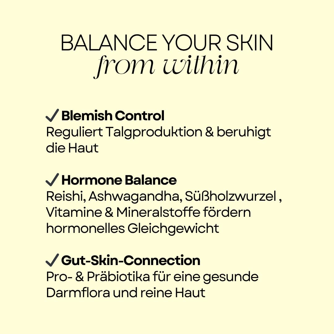 SKIN CLEAR CAPS | Hautklar-Kapseln mit Zink, Reishi, Pro- & Präbiotika | Gegen Hautunreinheiten & hormonelle Akne | 60 vegane Kapseln