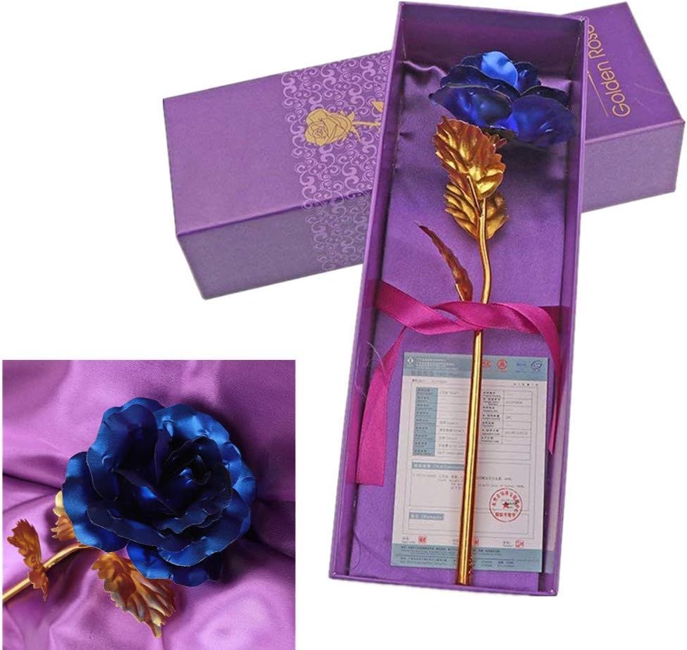 WeFoonLo Creative Artificial 24K Gold Rose Flower Plastic Long Stem Real Rose Dipped in Gold with Gift Box for Mother's Day, Valentine's Day, Birthday, Anniversary, Thanksgiving Day (Blue+Gold)