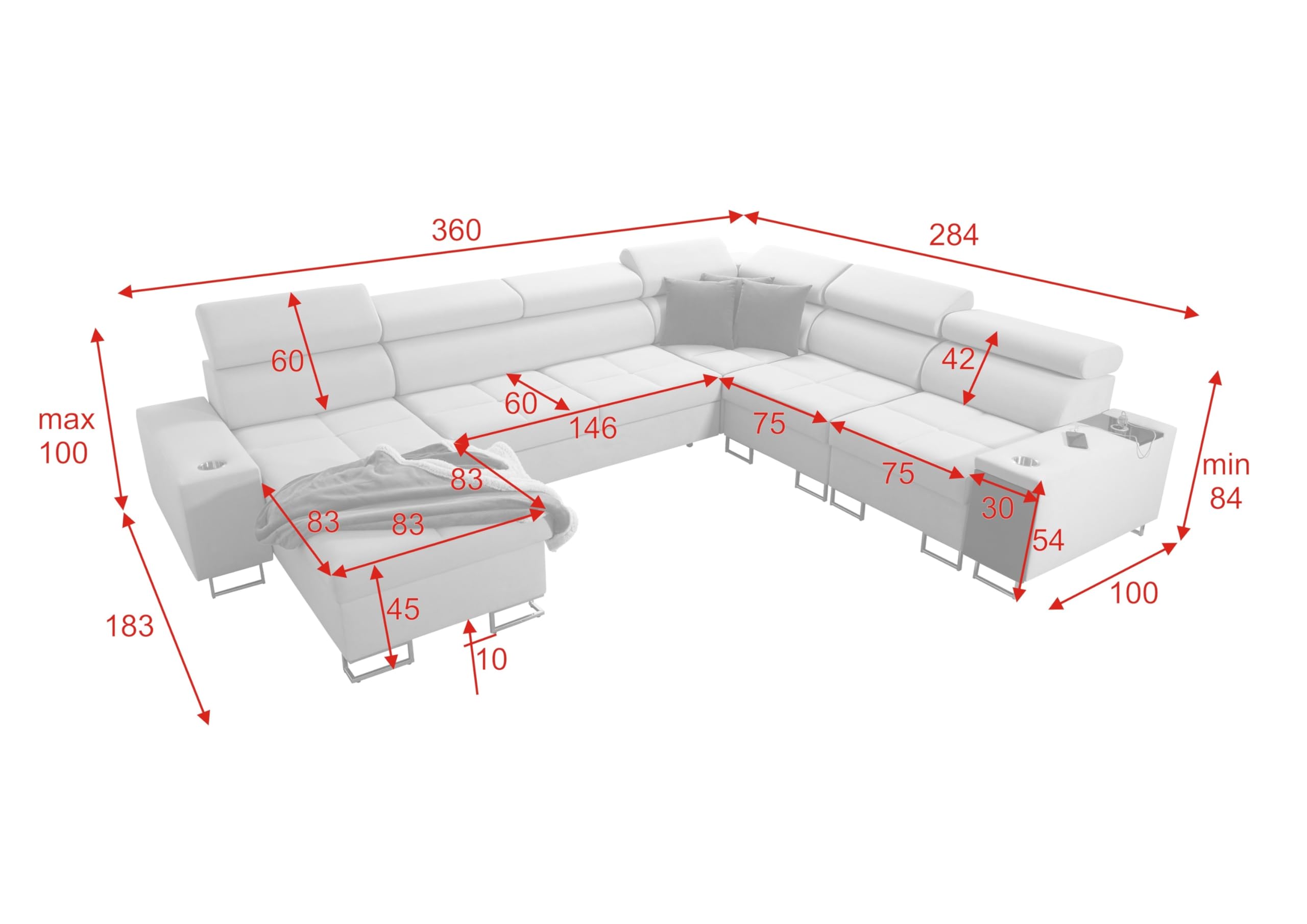 All4All Ecksofa mit Schlaffunktion Margo VIII 360x284 cm - Schlafsofa mit Bettkasten - Wohnlandschaft in U-Form - XXL Sofa - Seite Links - Gewebe - Dunkelgrau - Modern 26