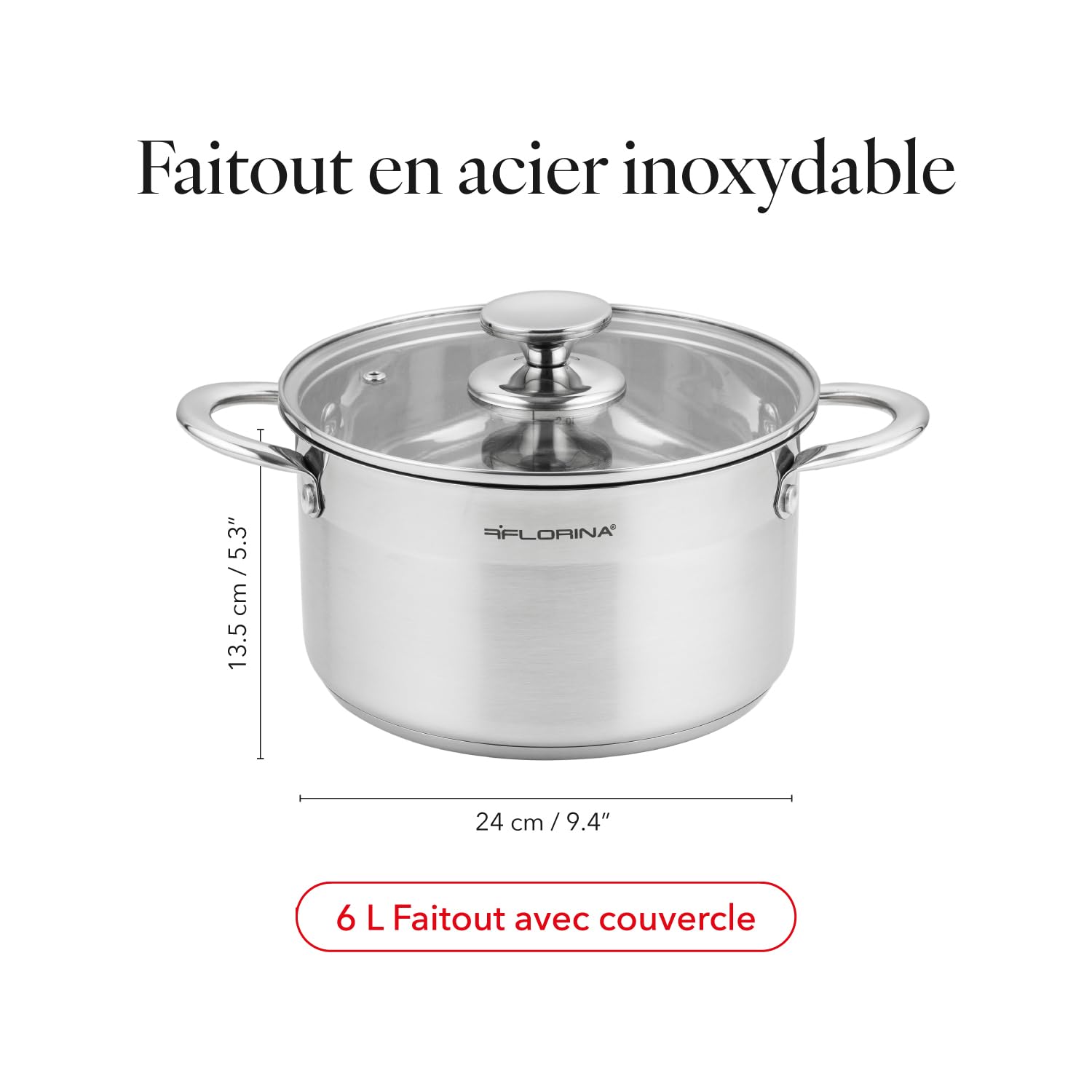 FLORINA Casserole en Acier Inoxydable (6 l) I 24 cm de Diamètre I Casserole Économe en Énergie FALCON I Induction avec Couvercle en Verre I Inox I Tout Feux