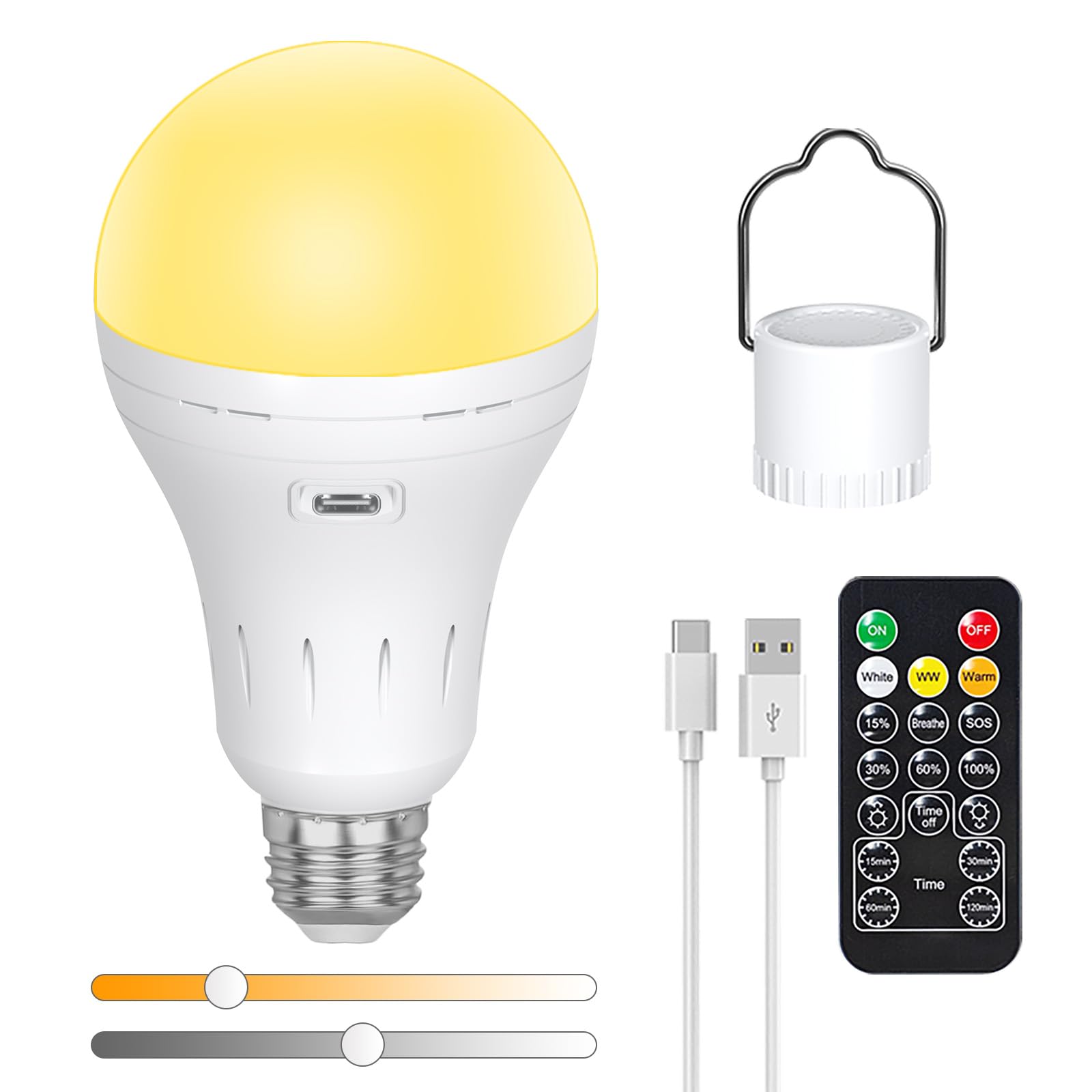 USB-C Rechargeable Light Bulb with Remote Control,AC100-240V Smart E27 LED 9W,3 Color Dimmable Touch Control Rechargeable Bulbs with Timer and Battery,2200mAh Outdoor Emergency Light with Hook,1 Pack