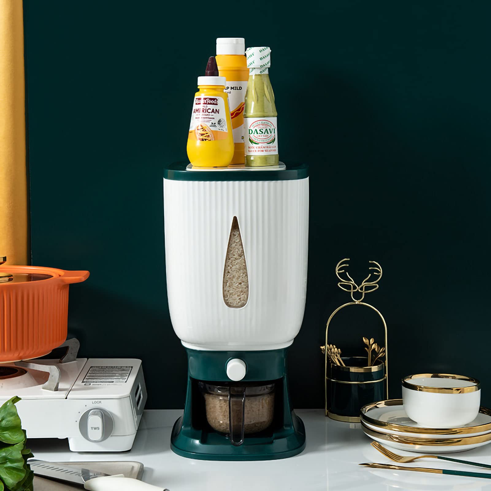 Distributore di Riso per Uso Domestico,10 kg di Rimbalzo Automatico di Grande capacità, Contenitore per Cereali Alimentari con Bicchiere, Contenitore per (Verde)