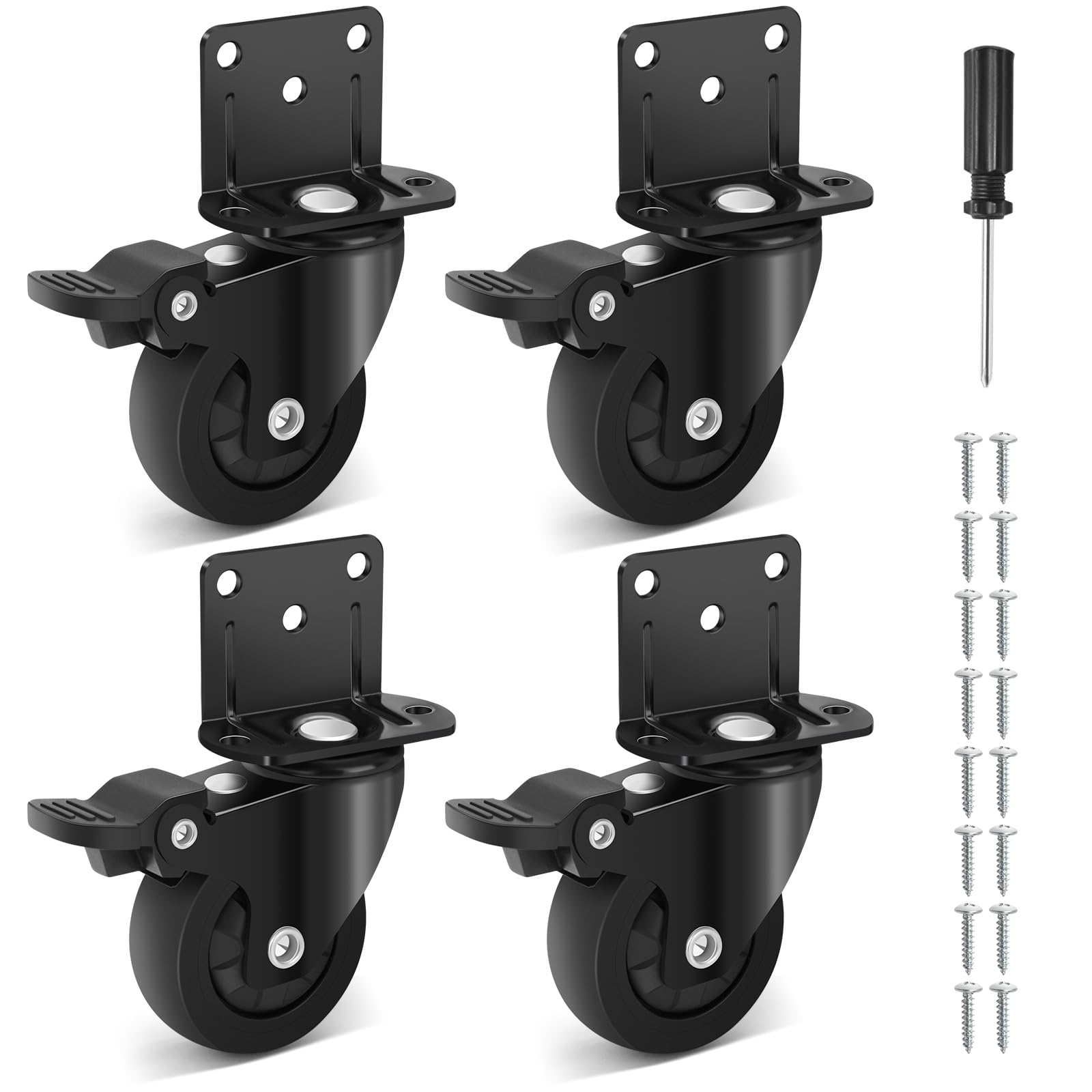 Humagineer 50mm TPR L-Mounting Plate Heavy Duty Castor Wheels with Brakes, 270kg Load Capacity, Swivel Rubber Furniture Castor, Quiet and Floor Protecting, Fit Limited Installation Space,Set of 4