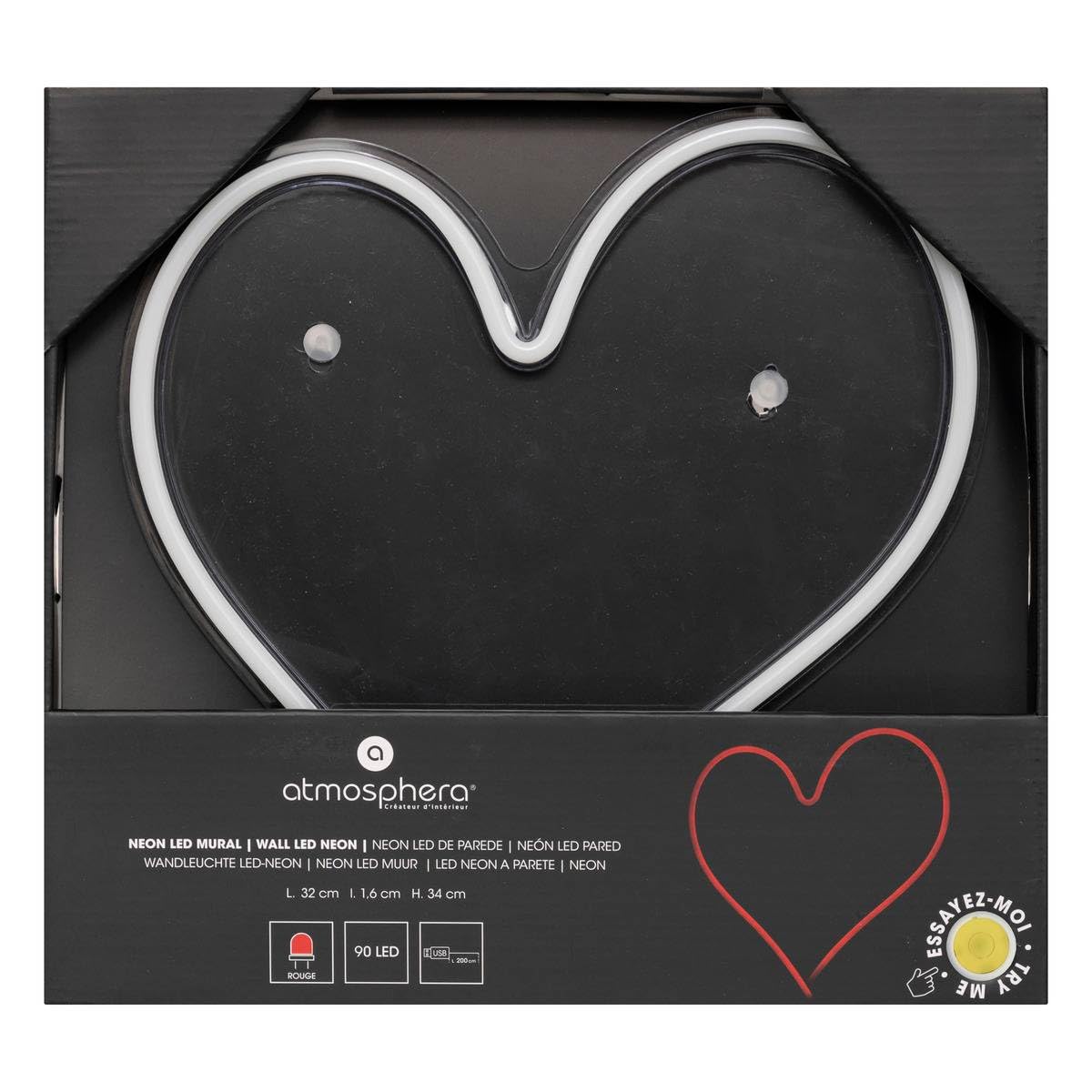 Atmosphera - Tube néon mural led coeur rouge l 32cm