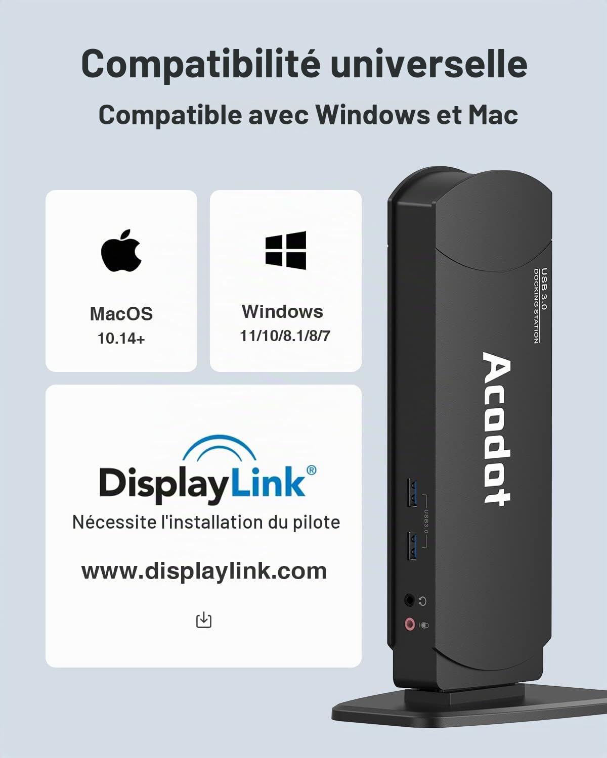 Acodot Station d’Accueil USB 3.0 Double écran (HDMI/DVI/VGA) – 6× USB 3.0, Gigabit Ethernet, Audio – Dock Universel pour PC Portable – 2560×1440/1080p – Adaptateurs DVI-HDMI & DVI-VGA