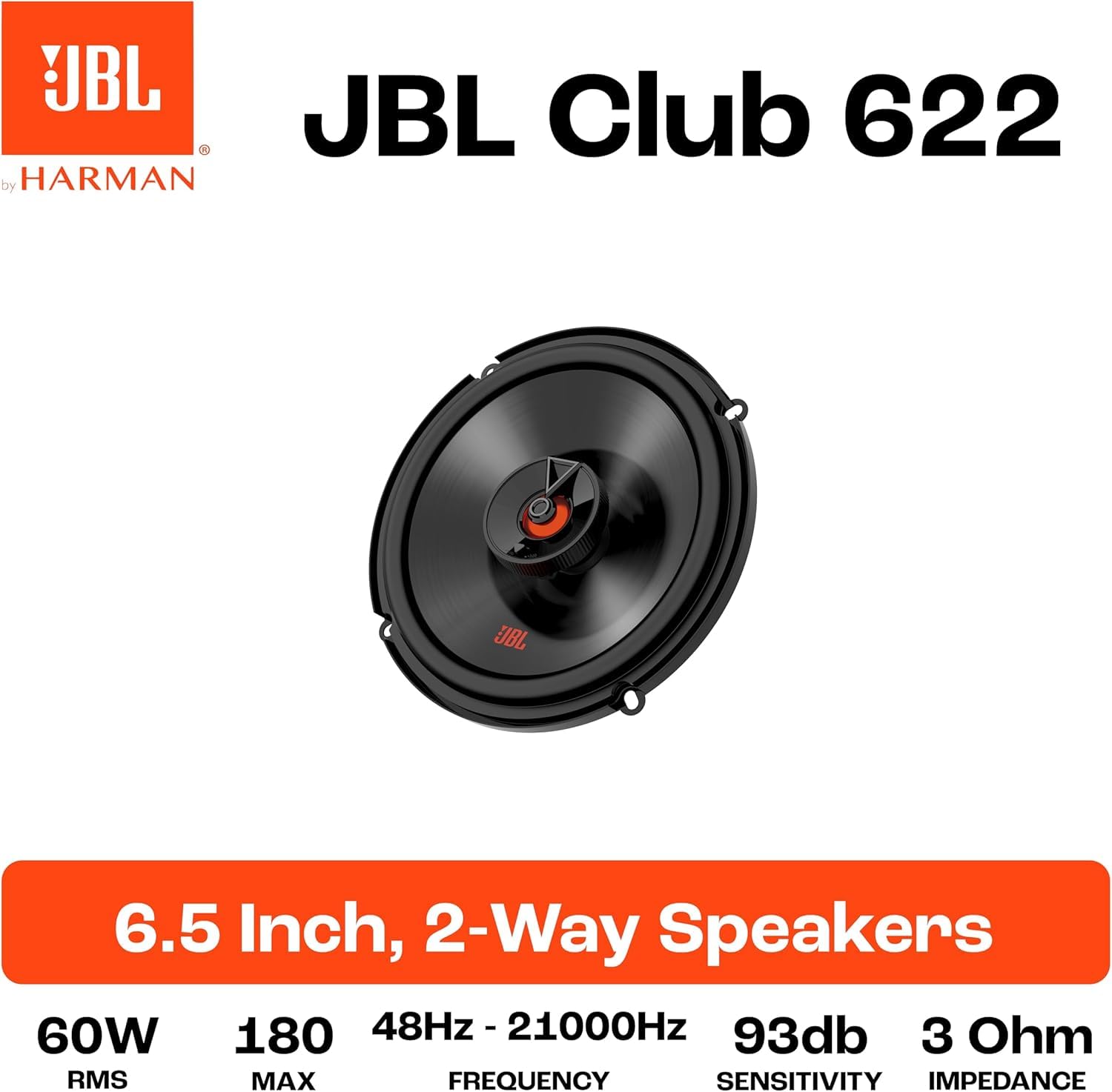 JBL Club 622 60W 2-Way Coaxial Speaker 2-Piece Set, 6.5-Inch Size