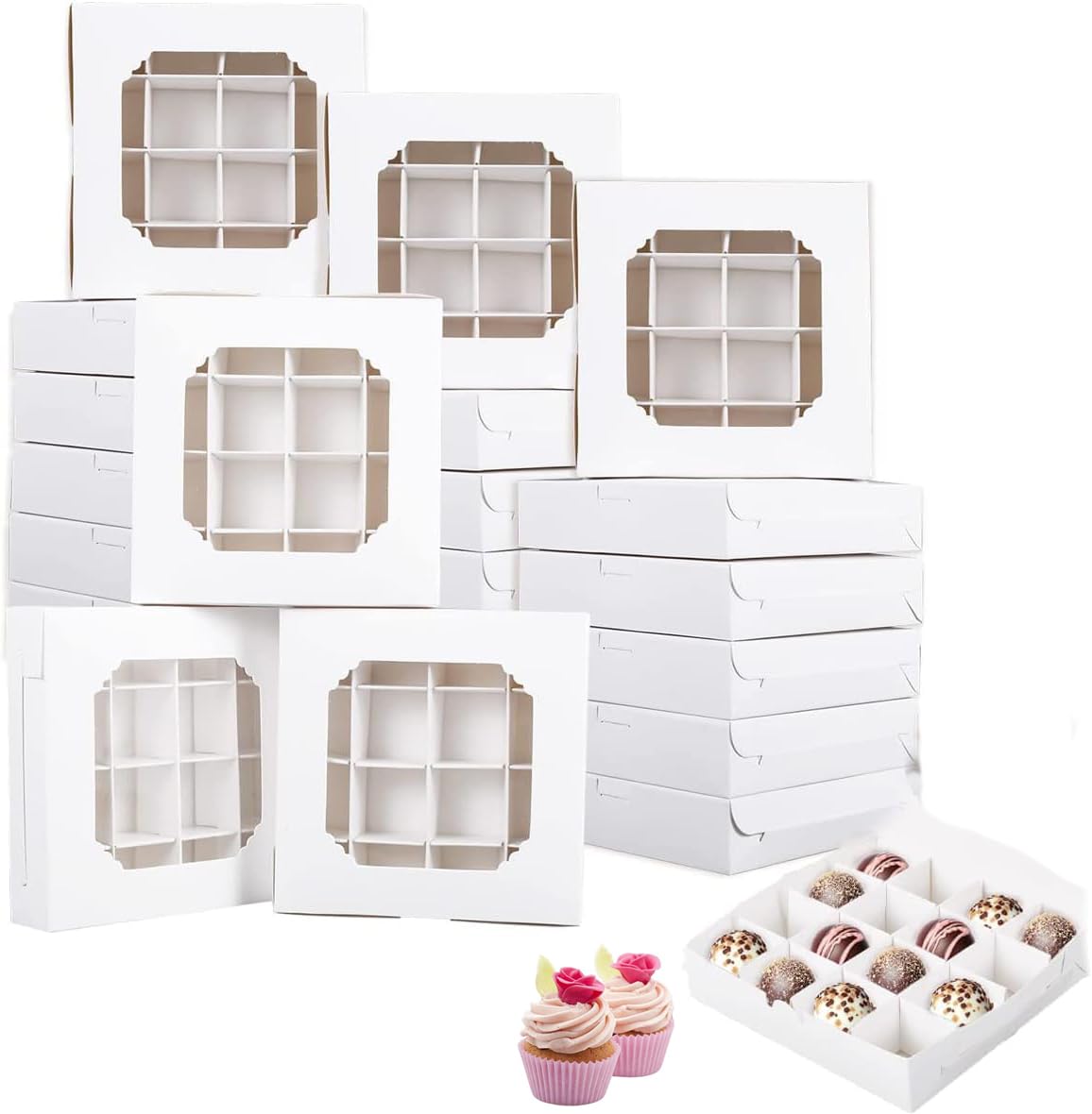 Generic Minimalist Cupcake Boxes - 20 PCS Windowed with Inserts - 15x15x3.5cm - Suitable for Sweets, Chocolates, Truffles, and Pastries