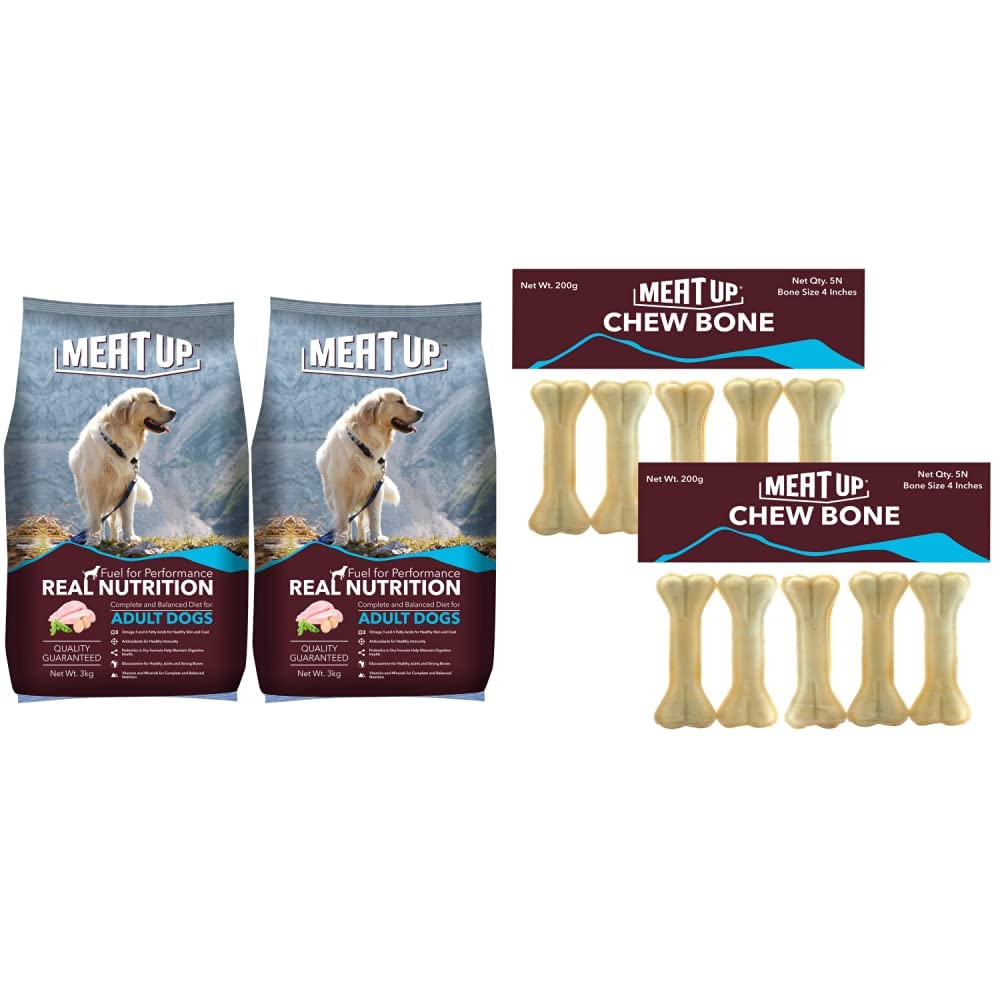 Meat Up Adult Dog Food, 3 kg (Buy 1 Get 1 Free) & Pressed Chew Bones, Dog Treats, 4 inches - Pack of 5 Bones (Buy 1 Get 1 Free) (B092CCLMFR) Amazon Price History, Amazon Price Tracker
