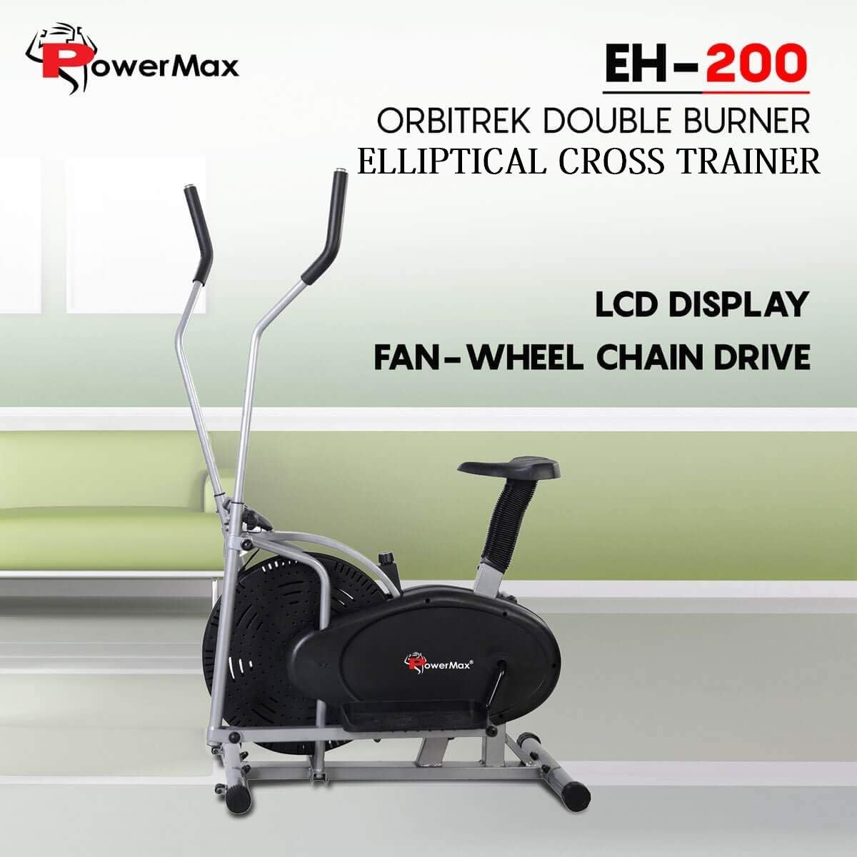 PowerMax Fitness® EH-200 Orbitrek Exercise Cycle and Elliptical Cross Trainer with Hand Pulse, Adjustable Resistance for Home Gym, Max User Weight 100kg, Comfortable Seat and Smart LCD Display Black