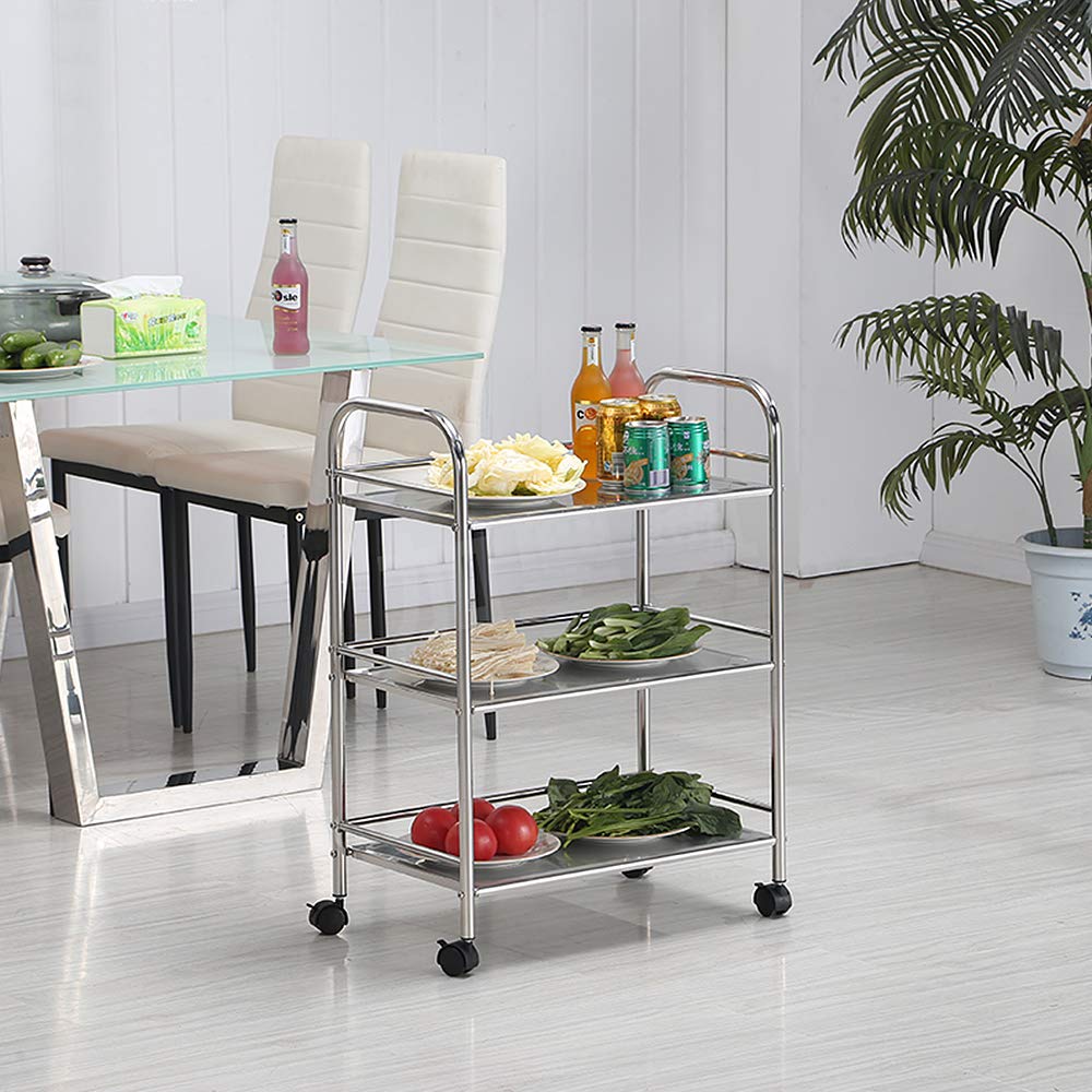 LANTUS Carrello Multiuso Patira in Metallo Cromato 3 Ripiani, con Ruote Carrello da Cucina a 3 Ripiani, in Acciaio Inox,Carrello da Pranzo in Acciaio Inossidabile a Tre Strati in Acciaio Inossidabile