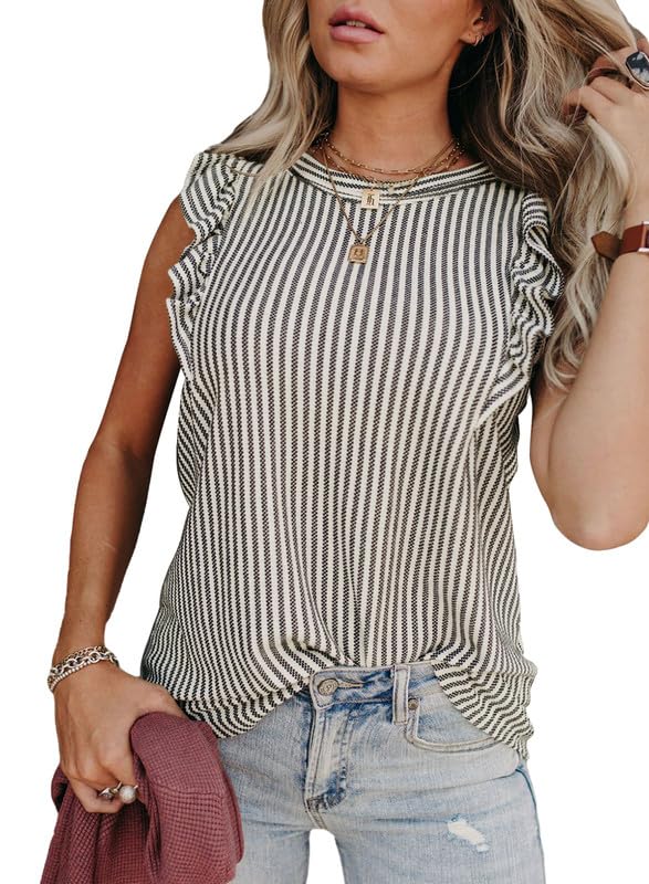 SHEWIN Summer Tops Crewneck Tank Tops for Women 2025 Casual Ruffle Sleeveless Tops Shirts
