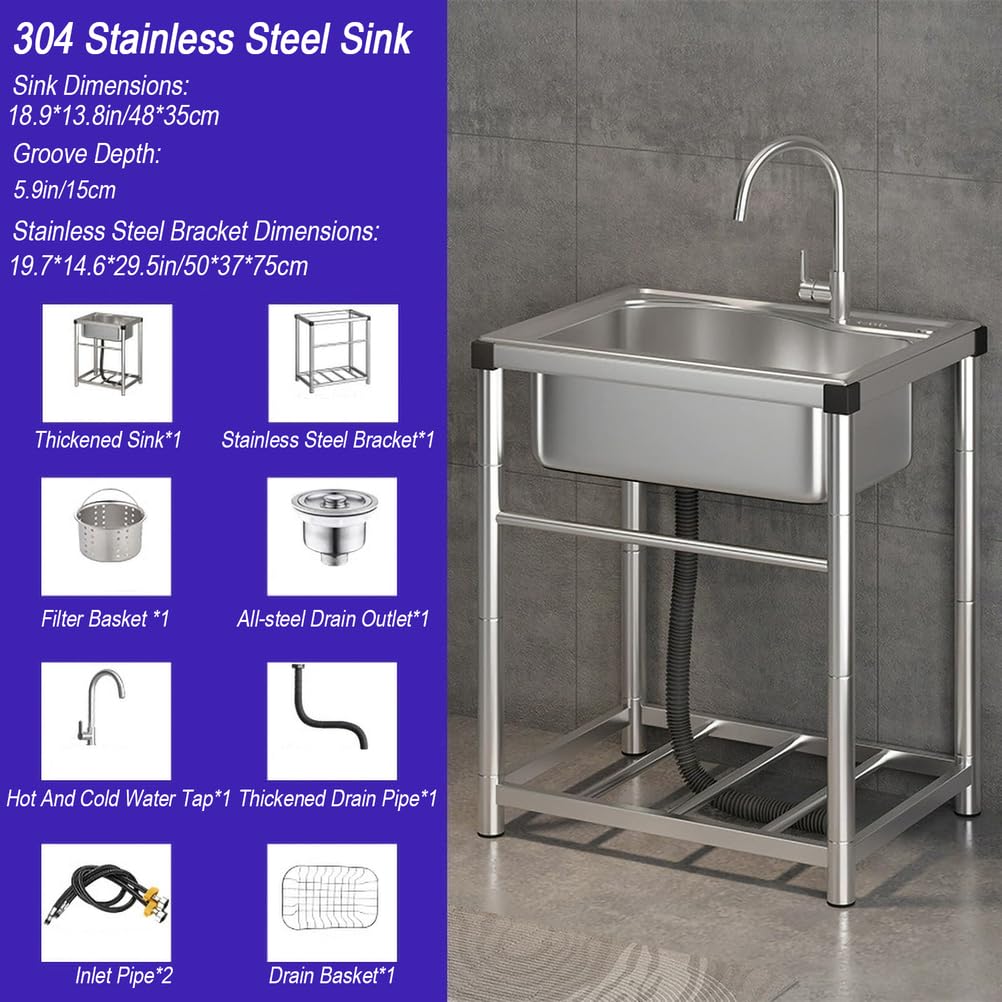 Plonge INOX 1 Bac Professionnel Évier De Cuisine sur Pied Commercial avec Robinet d'eau Chaude Et Froide, Étagère De Rangement 1.0mm Évier Utilitaire pour Buanderie,Garage,50 * 37 * 75cm