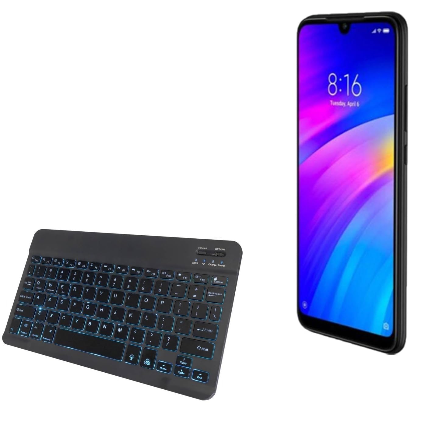 BoxWave Keyboard Compatible with Xiaomi Redmi Note 8 - SlimKeys Bluetooth Keyboard - with Backlight, Portable Slim LED 7 Colors - Jet Black